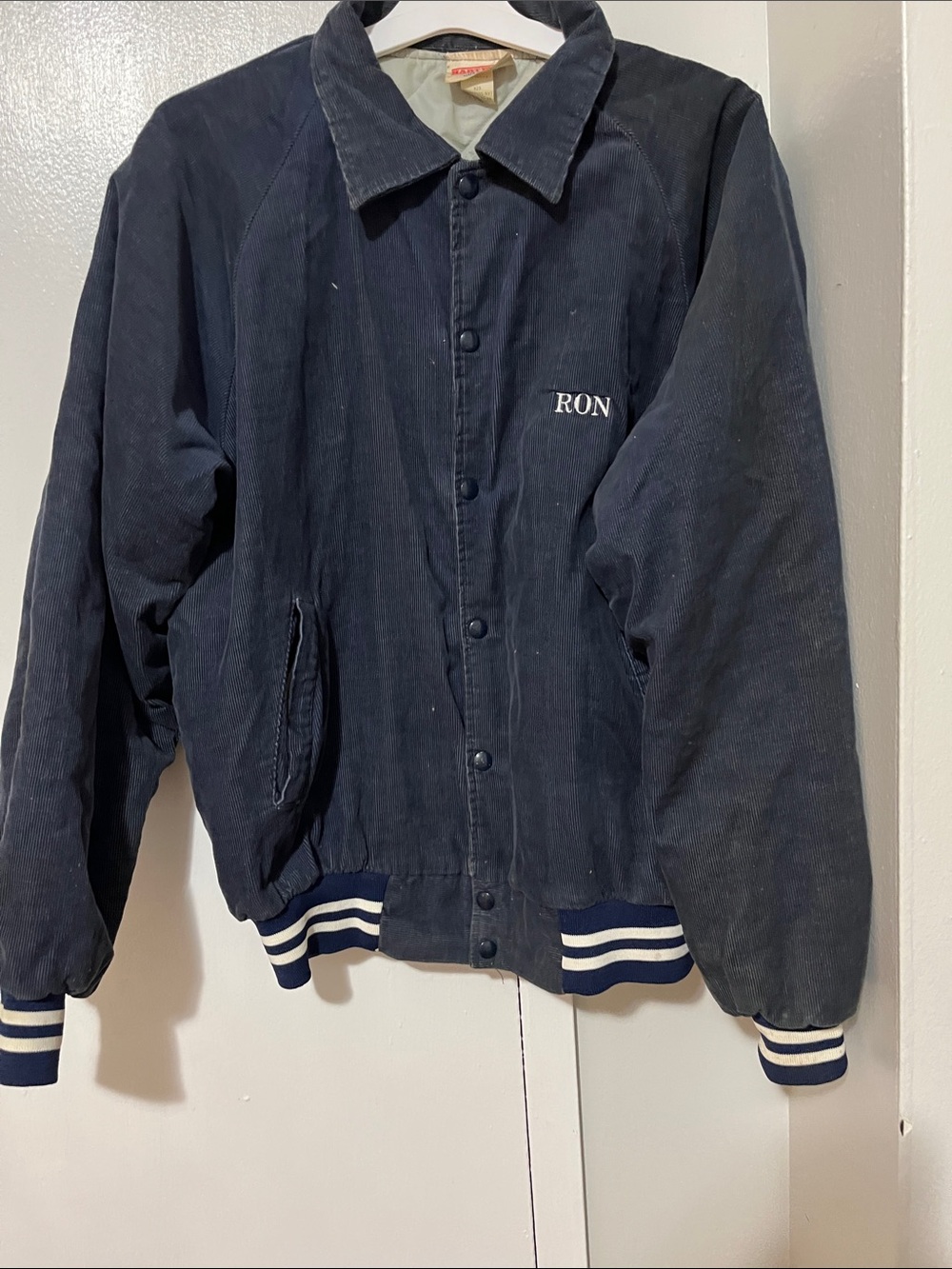 On Running Navy Corduroy Bomber Jacket with Striped Ribbing